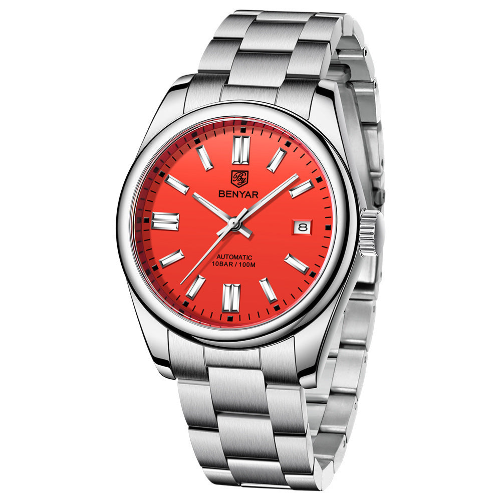 A silver-colored men's mechanical watch with a blue dial and stainless steel strap, displaying a screw crown and a date function.