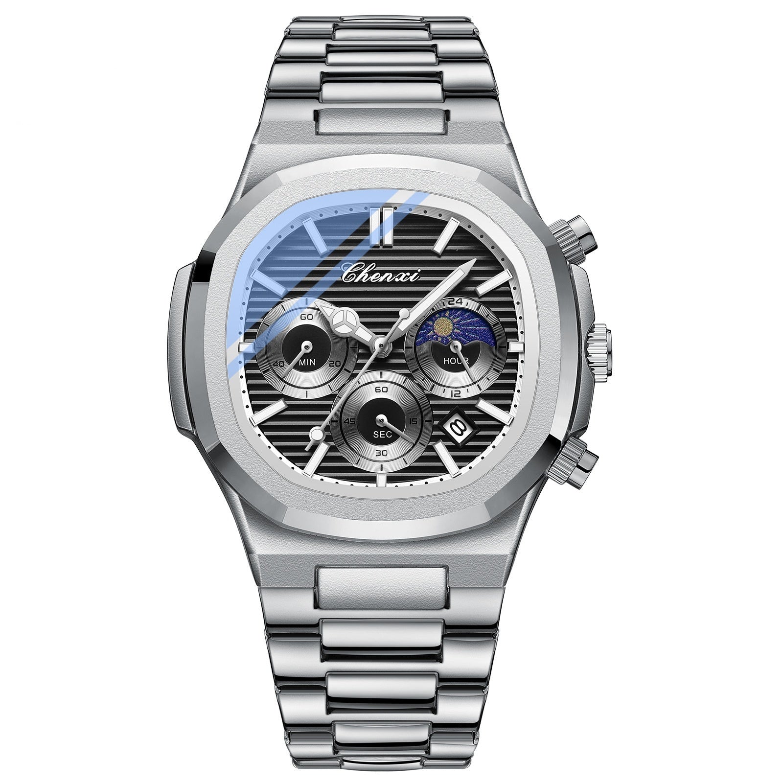 Silver wristwatch with detailed face on a white background