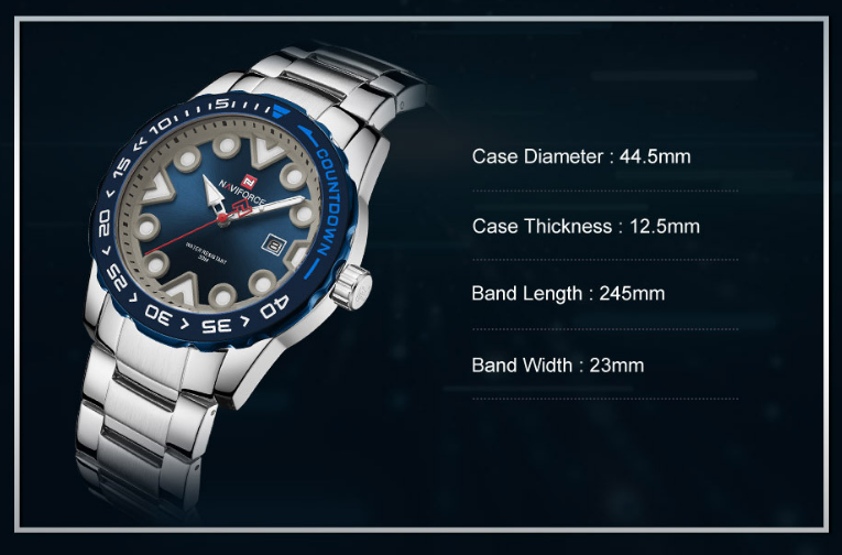 Silver watch with blue face on a dark background