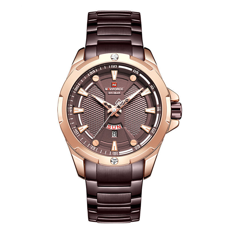 A black analog watch with a stainless steel strap and a dial featuring red and white accents, along with a date display.