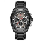 A men's quartz watch with a blue dial, black steel strap, and alloy case.