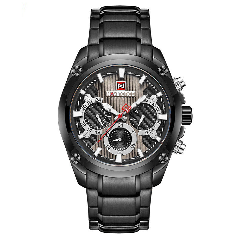 A men's quartz watch with a blue dial, black steel strap, and alloy case.