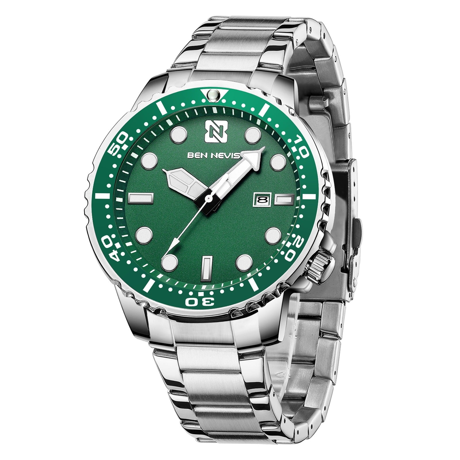 A blue men's analog watch with a silicone band and a dial featuring a red hand, hour markers, and a date display.