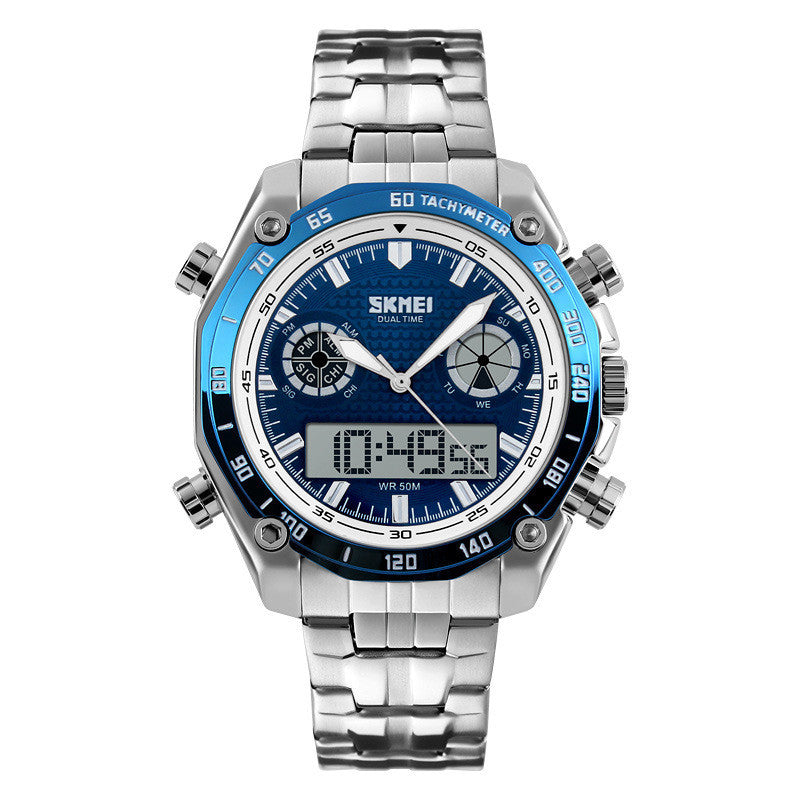 A SKMEI branded men's analog-digital watch with a blue dial, stainless steel strap, and buckle, displaying time, date, and other features.
