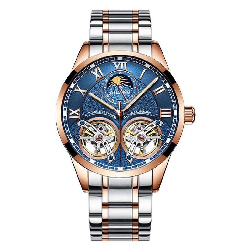 A men's mechanical watch with a blue dial, gold case, and black leather strap.