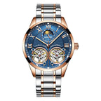 A men's mechanical watch with a blue dial, gold case, and black leather strap.