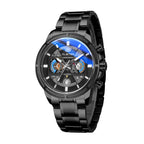 A black quartz watch with a stainless steel strap and a blue dial featuring a butterfly buckle.