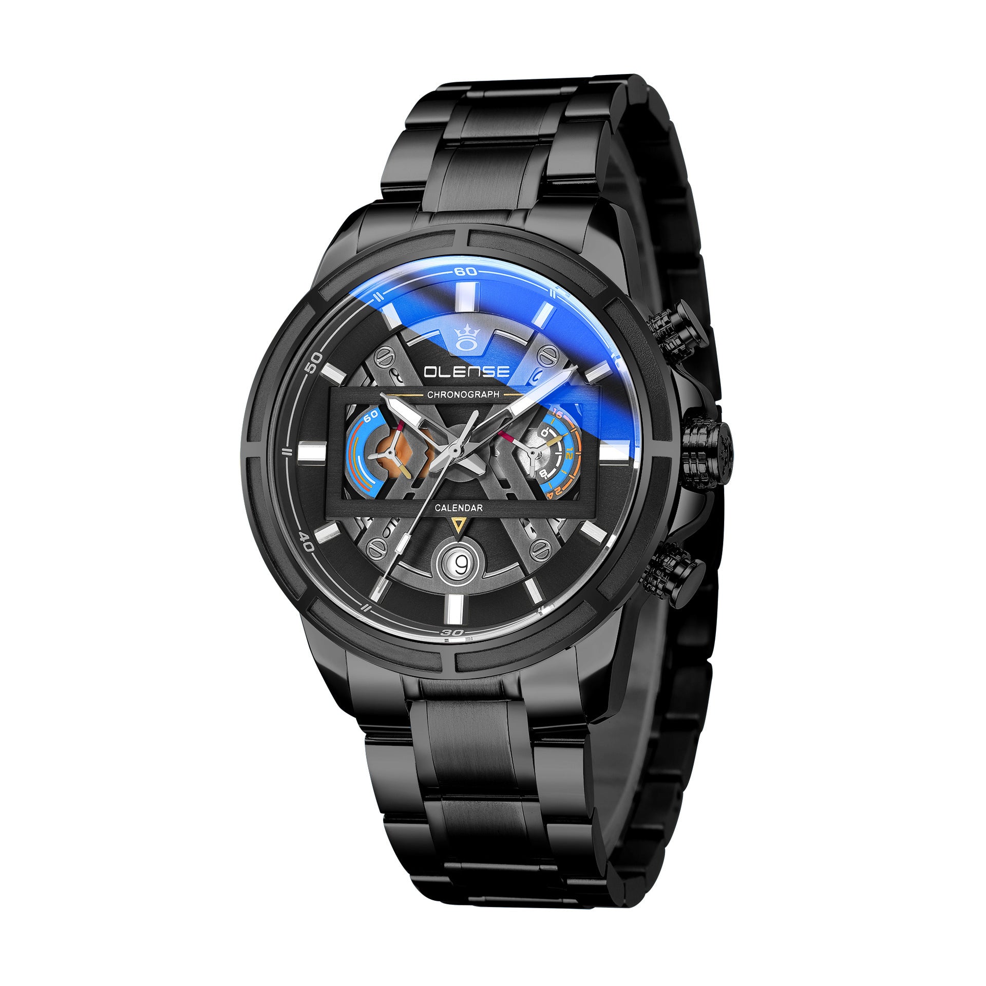 A black quartz watch with a stainless steel strap and a blue dial featuring a butterfly buckle.
