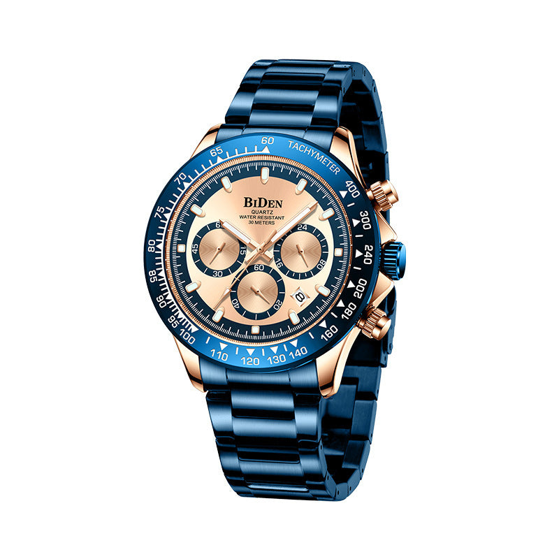 A black and gold men's quartz watch with a stainless steel strap and a dial displaying chronograph functionality.