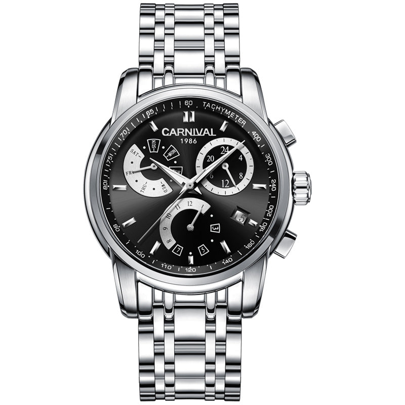 A men's mechanical watch with a blue dial, stainless steel case, and a black leather strap.