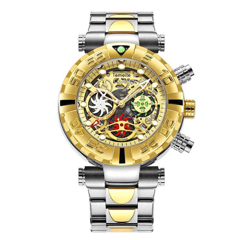 A men's luminous waterproof multifunctional watch with a gold band and blue dial, featuring a spiral crown and a double side press buckle.