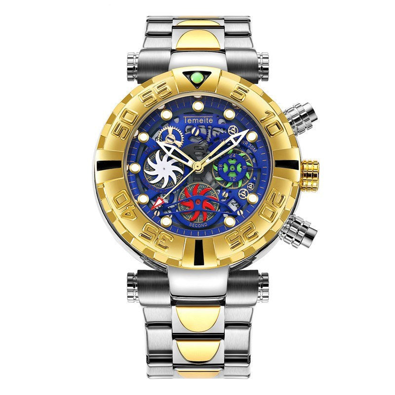 A men's luminous waterproof multifunctional watch with a gold band and blue dial, featuring a spiral crown and a double side press buckle.