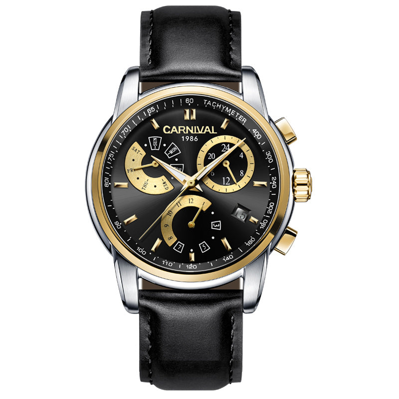 A men's mechanical watch with a blue dial, stainless steel case, and a black leather strap.