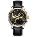 A men's mechanical watch with a blue dial, stainless steel case, and a black leather strap.
