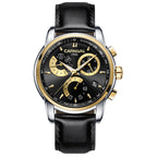 A men's mechanical watch with a blue dial, stainless steel case, and a black leather strap.