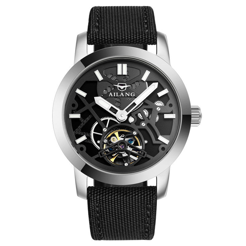 This image features a sophisticated men's mechanical watch by the brand AILANG. The watch showcases a sleek, silver-toned metal case paired with a black leather strap that enhances its elegant appearance.