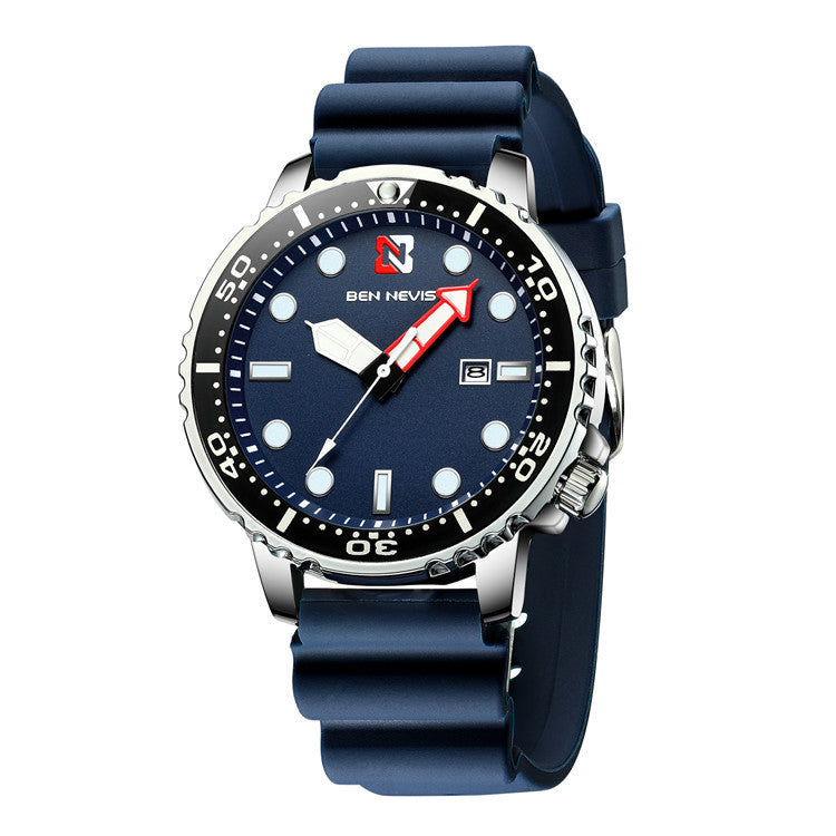 A blue men's analog watch with a silicone band and a dial featuring a red hand, hour markers, and a date display.