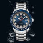 Naviforce watch with blue dial and silver bracelet on a dark background