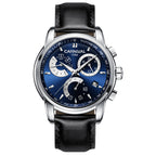 A men's mechanical watch with a blue dial, stainless steel case, and a black leather strap.