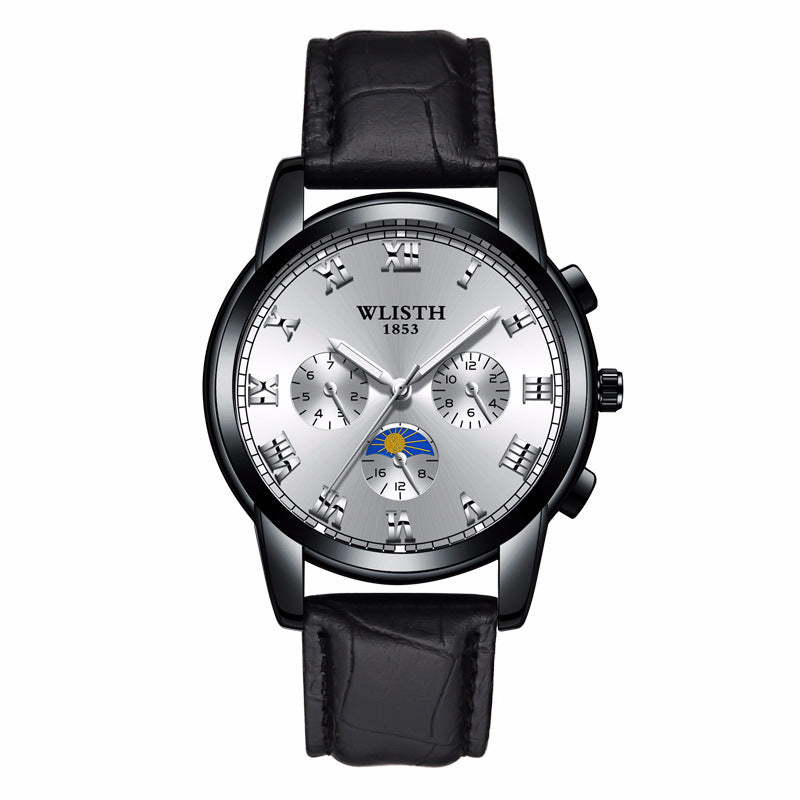 A silver stainless steel watch with a green dial, Roman numerals, and a pin buckle.
