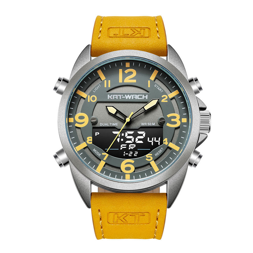 A blue and white men's electronic quartz dual display outdoor sports watch with a leather strap and a round dial.