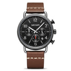 A men's Megir watch with a round silver dial, black chronograph hands, and a brown leather strap.