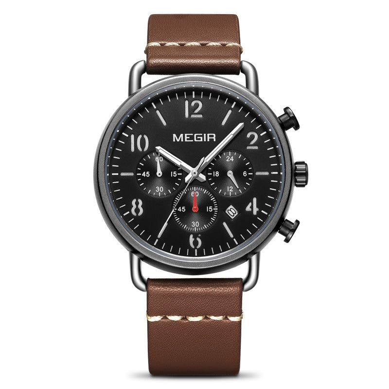 A men's Megir watch with a round silver dial, black chronograph hands, and a brown leather strap.