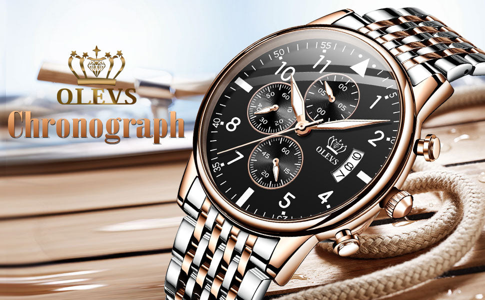 Luxury watch with detailed face and brand name 'OLEVS' on a light background