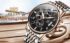 Luxury watch with detailed face and brand name 'OLEVS' on a light background