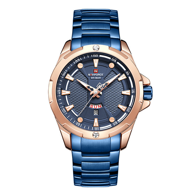 A black analog watch with a stainless steel strap and a dial featuring red and white accents, along with a date display.