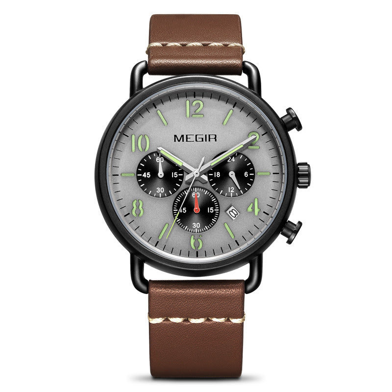 A men's Megir watch with a round silver dial, black chronograph hands, and a brown leather strap.