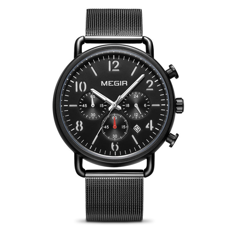 A men's Megir watch with a round silver dial, black chronograph hands, and a brown leather strap.