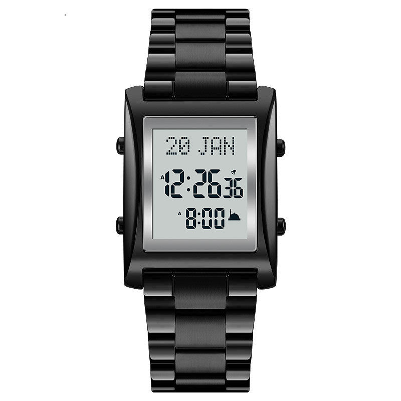 A digital watch with a black band and black case, displaying a digital screen with time and date.