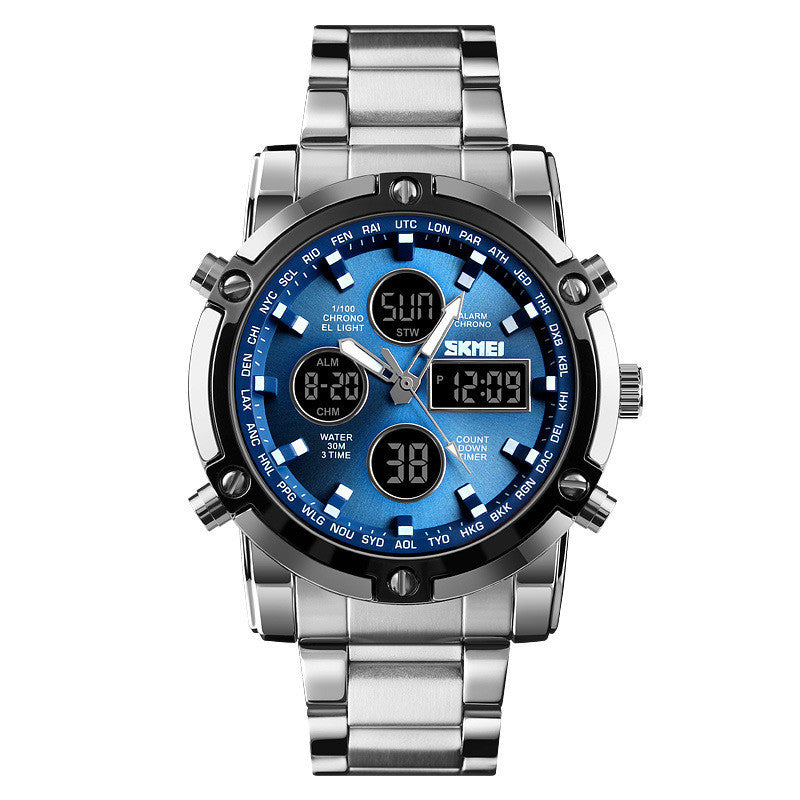 A men's dual movement watch with a round blue dial, stainless steel band, and digital indicators