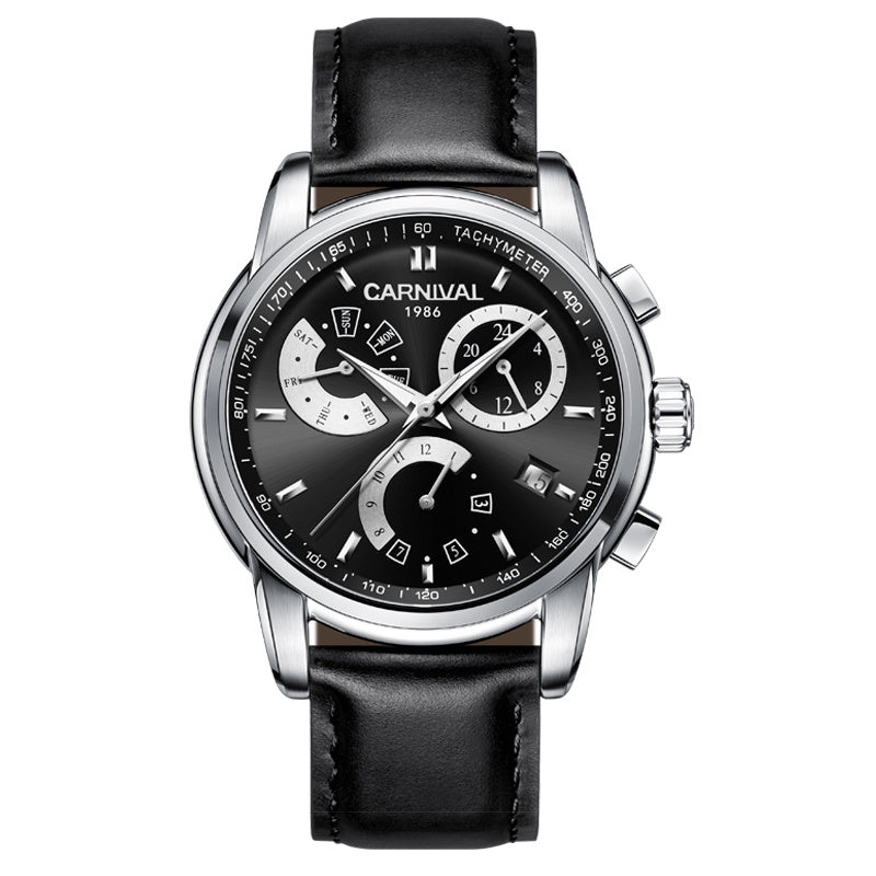 A men's mechanical watch with a blue dial, stainless steel case, and a black leather strap.