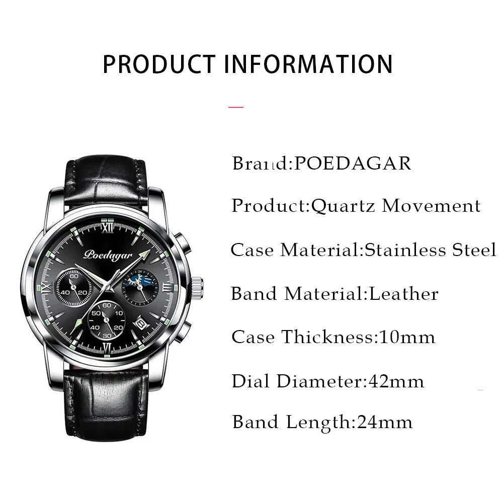POEDAGAR Luxury Men Casual Watch Waterproof Chronograph Luminous Wristwatches Stainless Steel Men's Quartz Watch