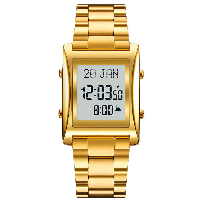 Gold digital watch with a white display on a white background