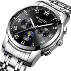 Silver wristwatch with black dial featuring the brand 'Wlisth'.