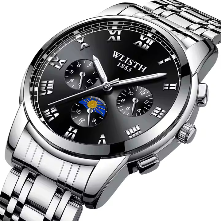 Silver wristwatch with black dial featuring the brand 'Wlisth'.