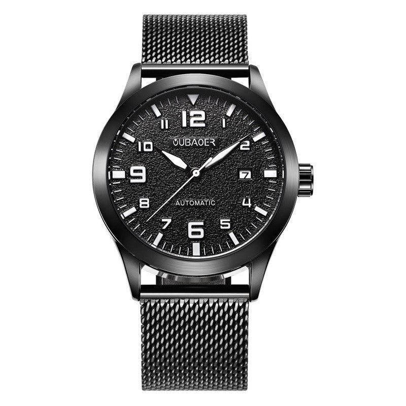 A stainless steel mechanical watch with a green dial and a metallic mesh band. The watch has a date display and is labeled with 'CUBAEX' on the dial.