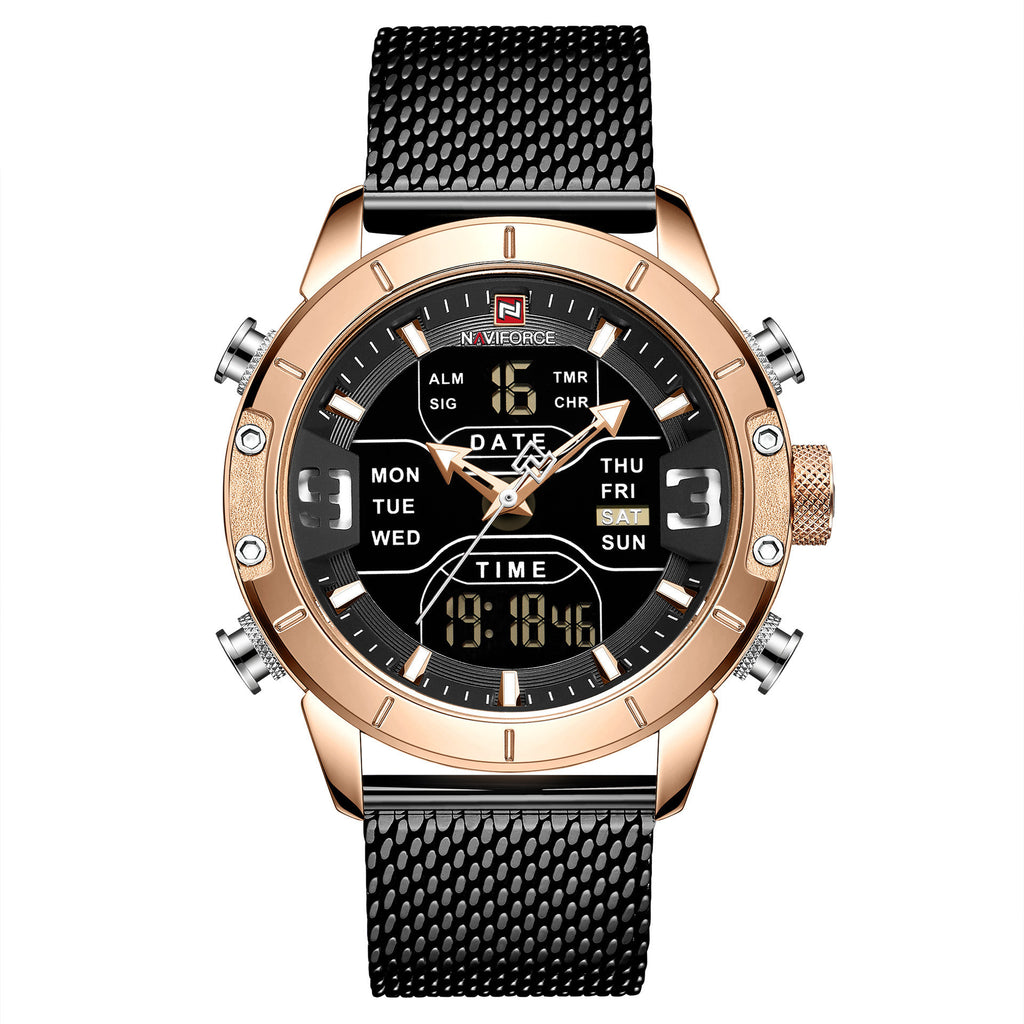 A men's blue sports watch with a round digital display, analog hands, and a blue stainless steel mesh band.