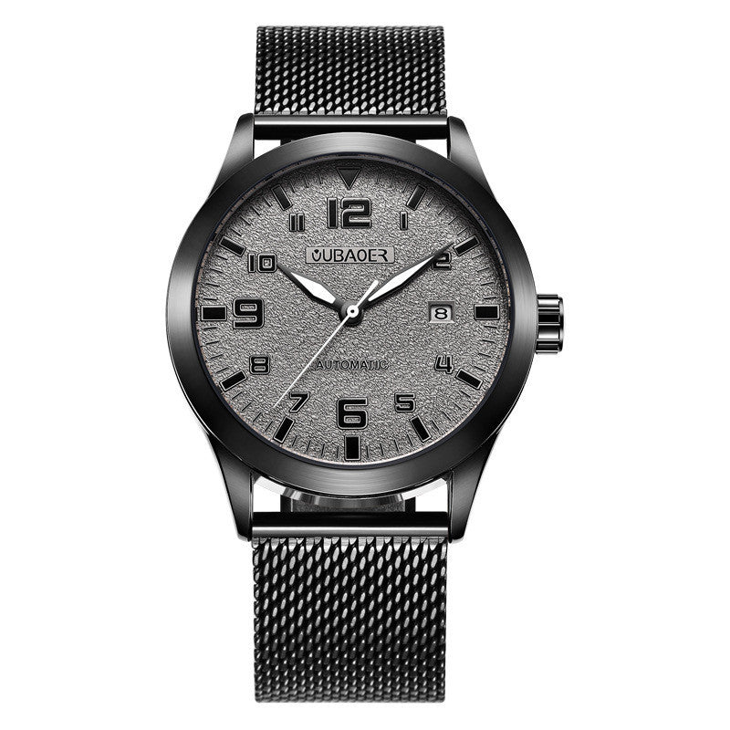A stainless steel mechanical watch with a green dial and a metallic mesh band. The watch has a date display and is labeled with 'CUBAEX' on the dial.