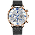A black analog wristwatch with a stainless steel band and a dial featuring multiple subdials and a calendar display.