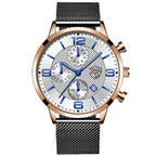 A black analog wristwatch with a stainless steel band and a dial featuring multiple subdials and a calendar display.