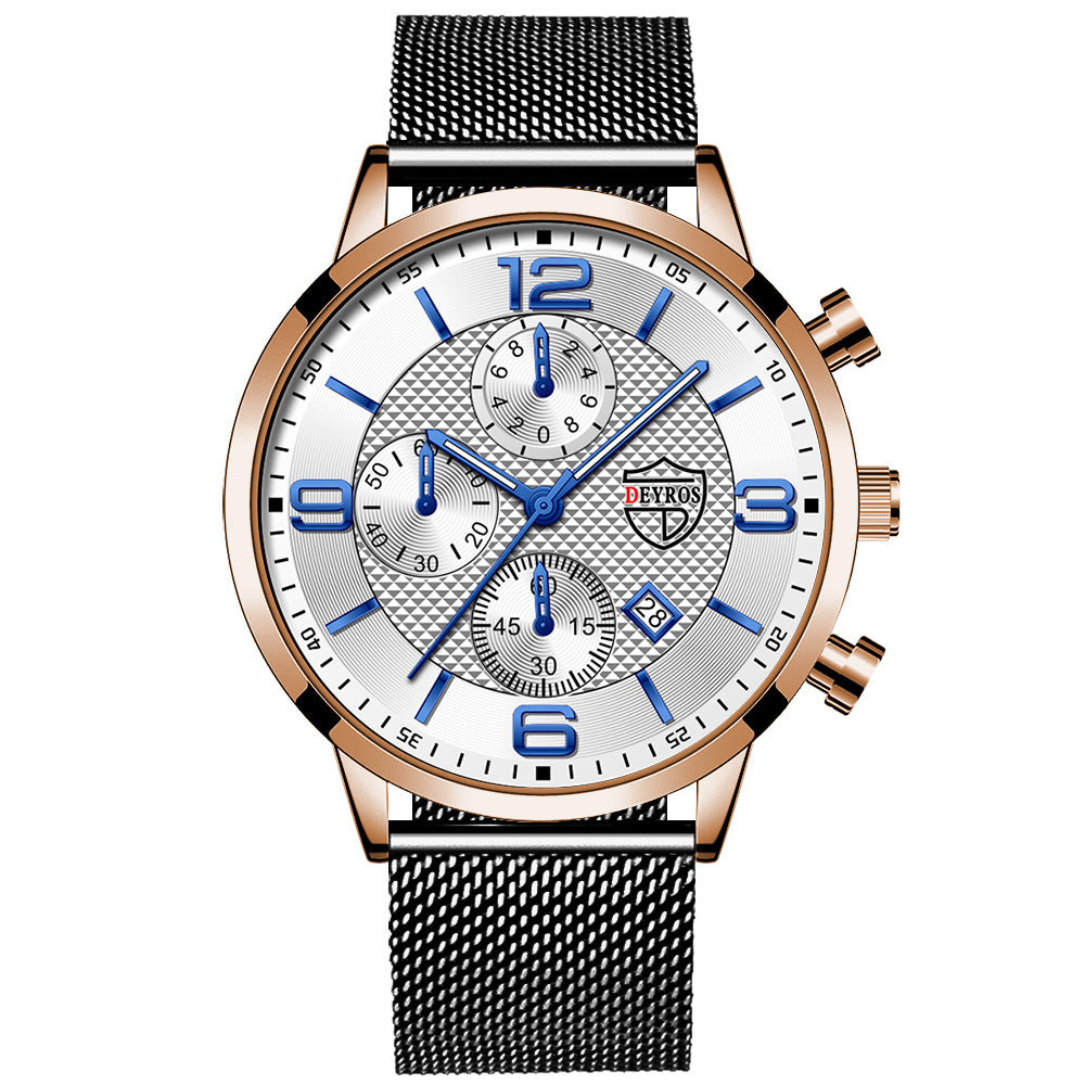 A black analog wristwatch with a stainless steel band and a dial featuring multiple subdials and a calendar display.