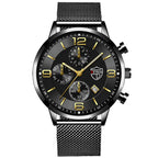 A black analog wristwatch with a stainless steel band and a dial featuring multiple subdials and a calendar display.