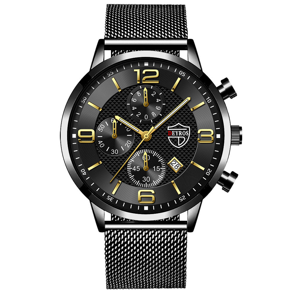 A black analog wristwatch with a stainless steel band and a dial featuring multiple subdials and a calendar display.