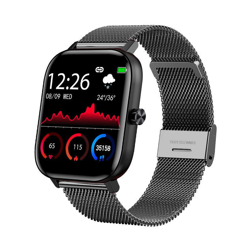A black smart watch with a mesh wristband and a digital display showing time, date, and various smart notifications on a patterned background.