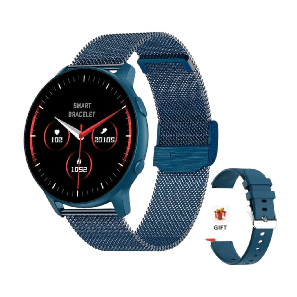 Smartwatch with blue mesh band and additional band on a white background