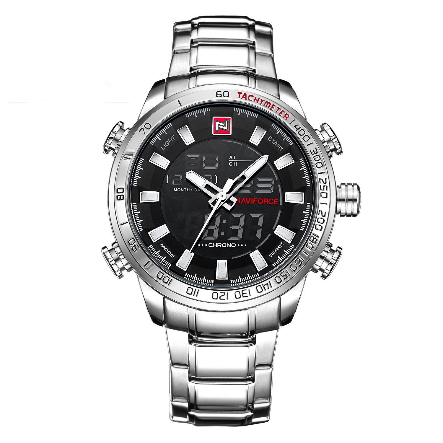 A silver-toned men's quartz watch with a black dial, red accents, and a stainless steel strap, displaying luminous features.